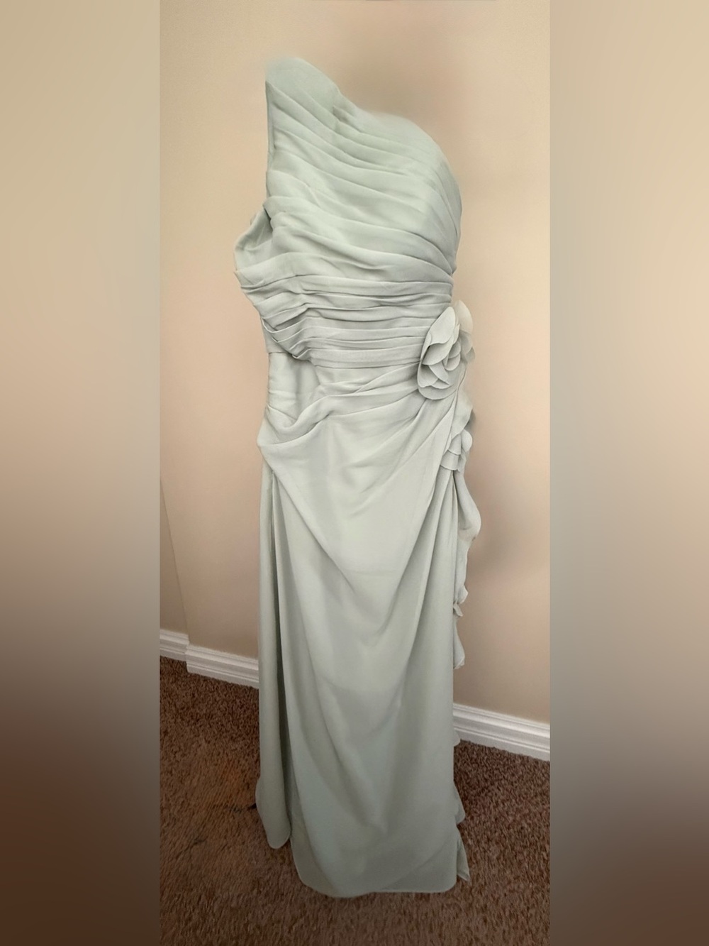 One-Shoulder Mint Chiffon Gown with Floral Side Detail